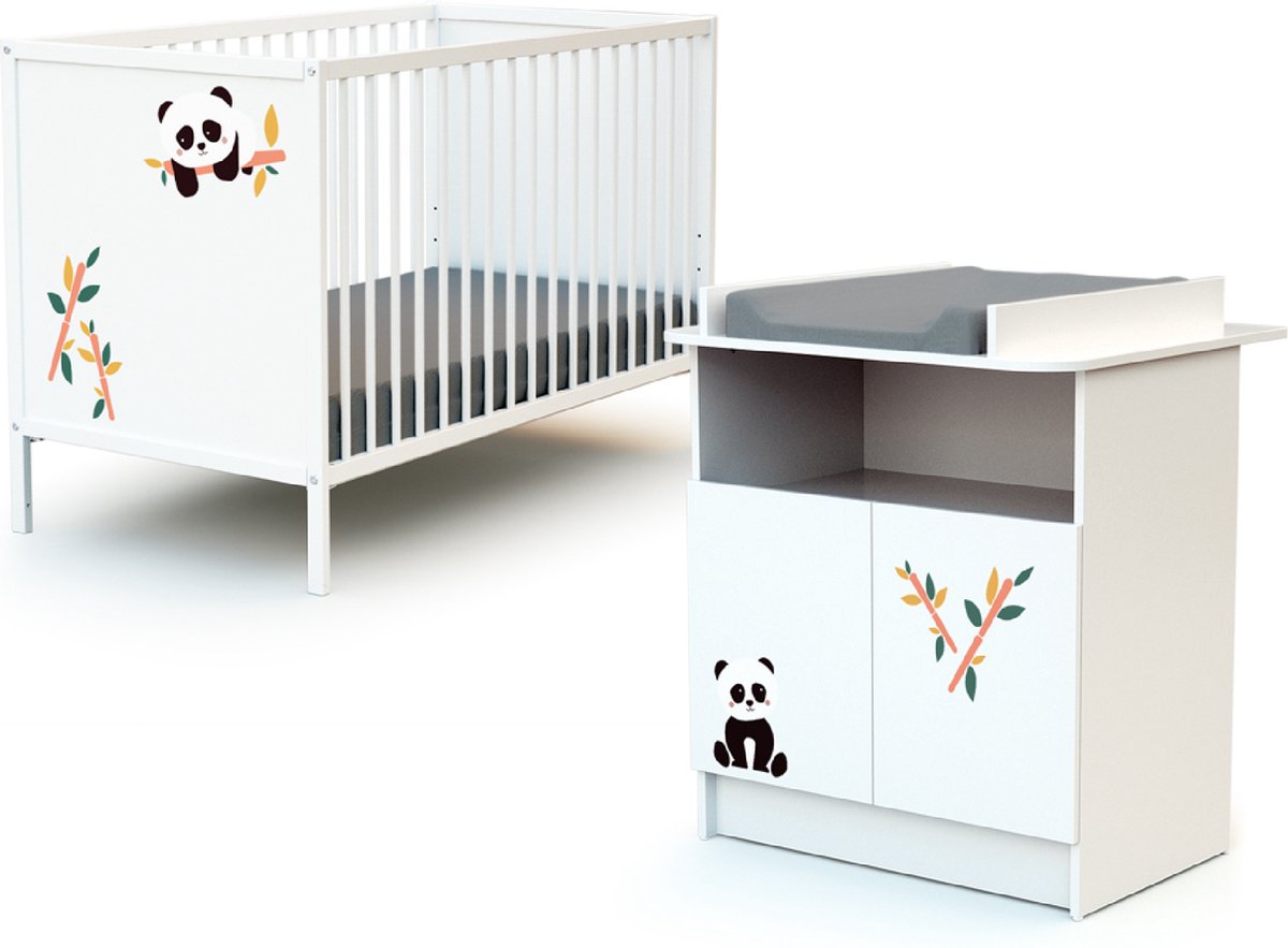 WEBABY - Babykamerbed en luiertafel Panda in hout Wit ALBA