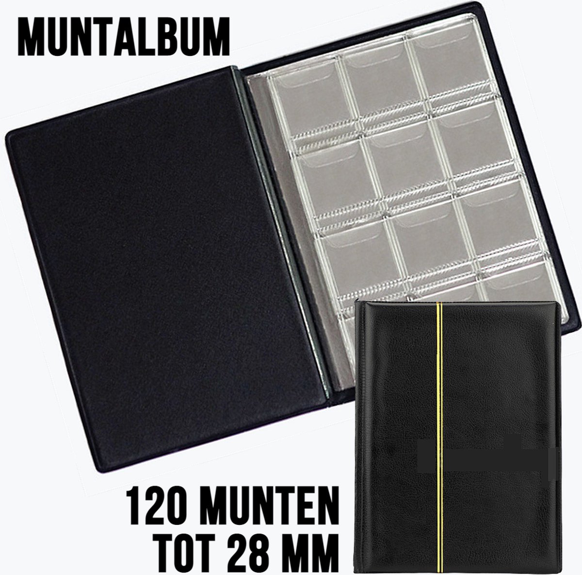 Allernieuwste.nl® Muntenalbum voor 120 Munten met Bescherm-rand tegen Uitvallen - Beginset Muntalbum - kleur album Zwart