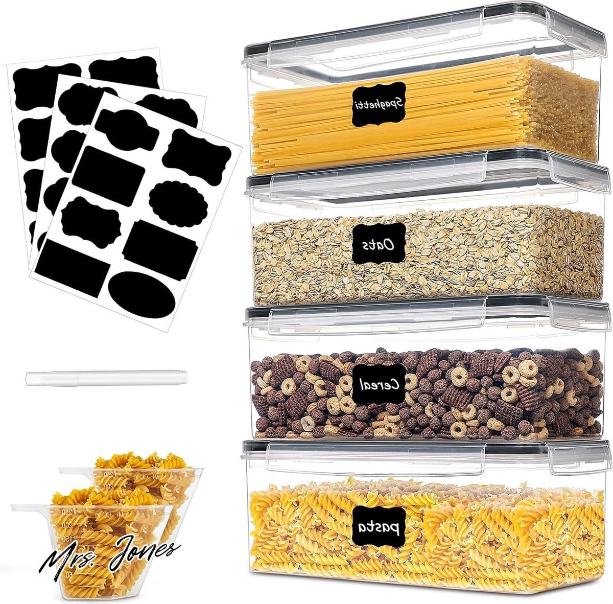 Mrs. Jones 32 l voorraaddozen met deksel luchtdicht voor muesli strooidoos en vershouddozen set van 4 met etiketten en 2 maatbekertjes keukenorganisatie voor spaghetti meel cornflakes mueslidozen met extra grote capaciteit en handige maatbekers. .