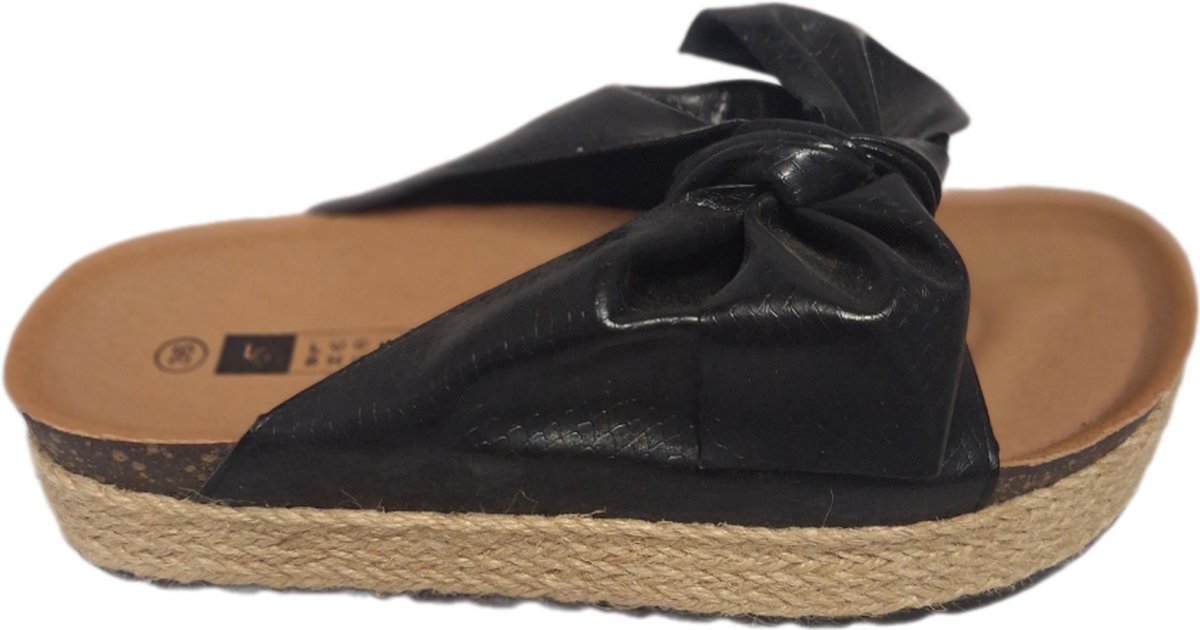 LUCKYSHOES-ESPADRILLE SLIPPER-BLACK-LEDERLOOK-3CM PLATEAUZOOL-39