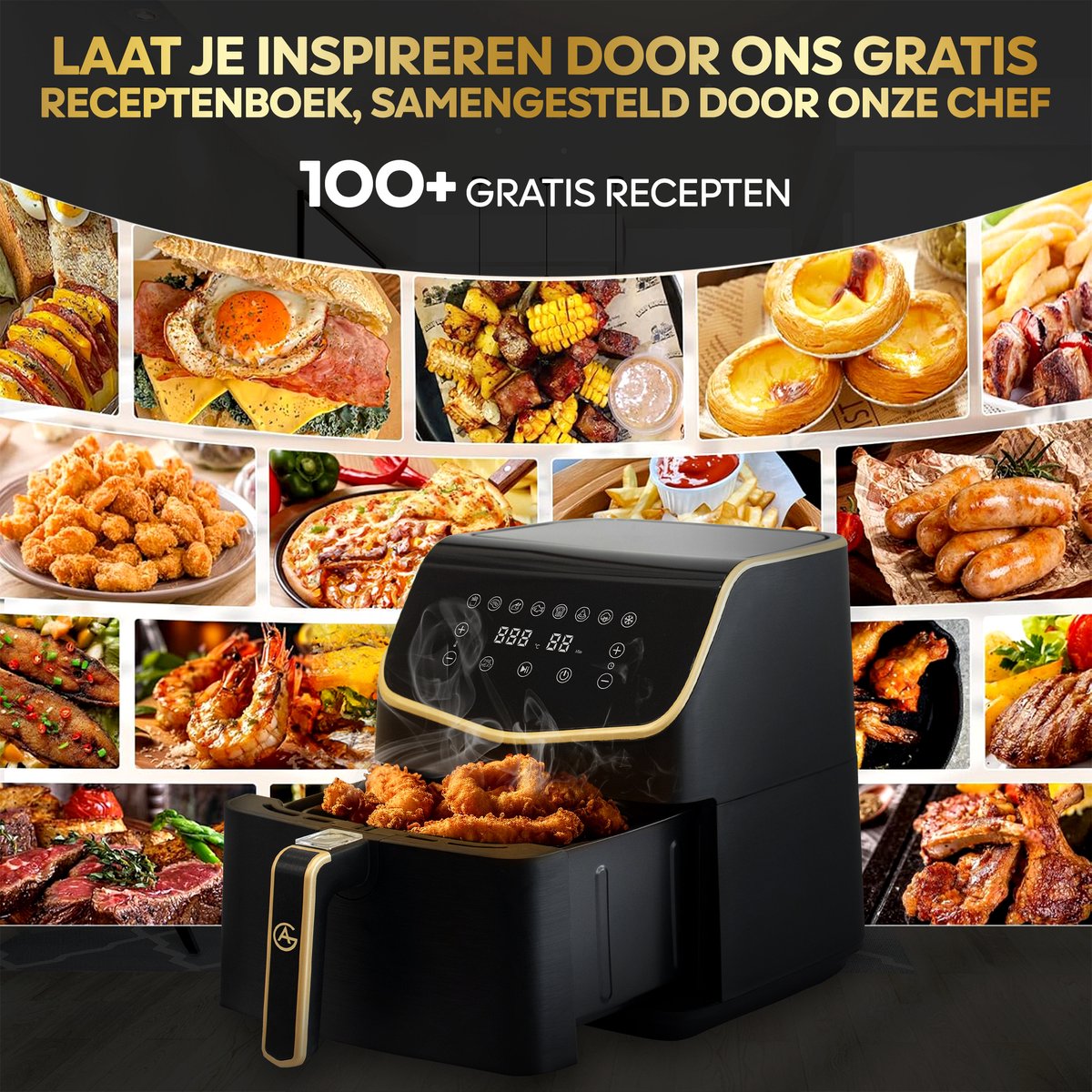 AG Airfryer XXL Premium- Luchtfriteuse - Anti-aanbak - Tot 8 personen- Uitneembare Bak - Vaatwasserbestendig - Met Receptenboek - Extreem Stil- Snelkooktechnologie - Digitaal Display - Tot 200°C - 8 Voorgeprogrammeerde standen. 5.5L Zwart — afbeelding 4
