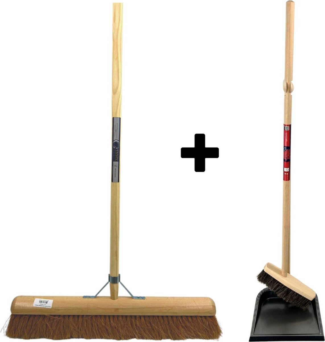 Goedkoopste Synx Tools Coco bezem 60 cm en Stoffer en blik met lange steel 97 cm - Paardenhaar / zaalveger - Classic - Hout/Metaal