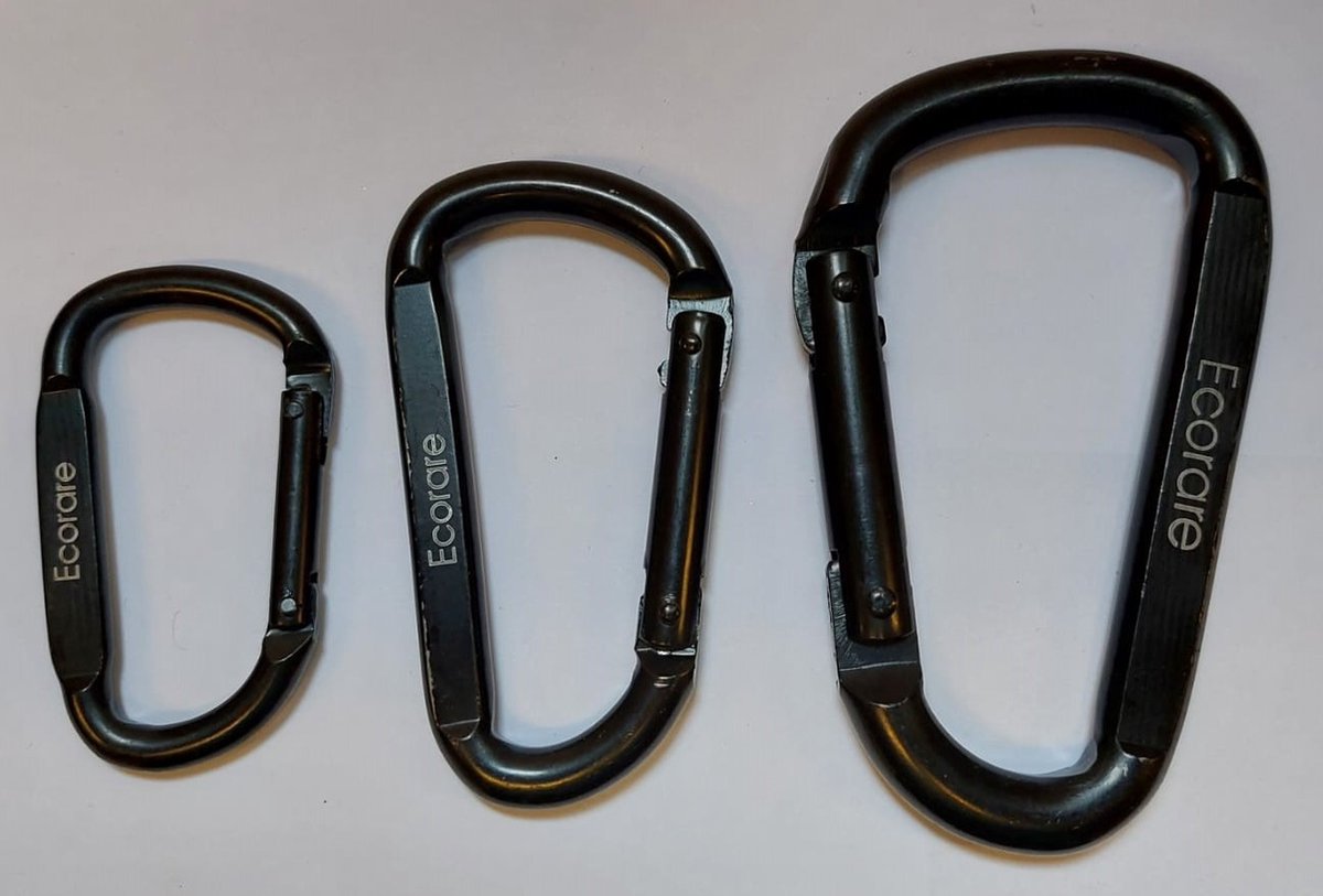 Ecorare® - Set van Karabiners - Karabijnhaak set - 6 cm, 8 cm, 10 cm - Standaard sluiting - Zwart - Carabiner - Musketonhaak