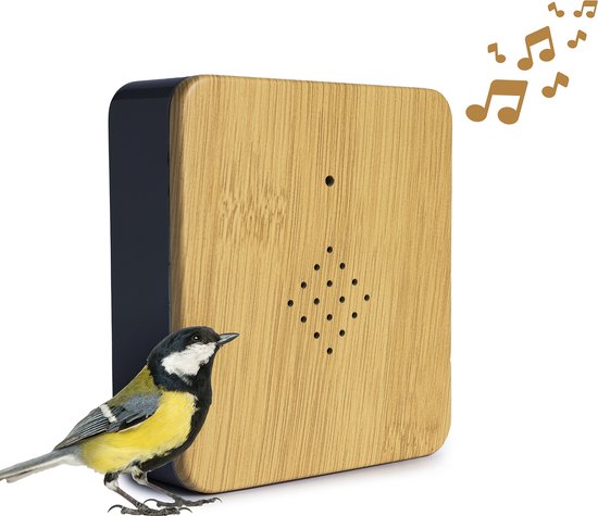 QLT Vogelhuisje met Natuurgeluiden - Box met Vogelgeluiden - Werkzaam op Batterijen - Automatische Bewegingssensor - Instelbaar Volume - Hout/Grijs