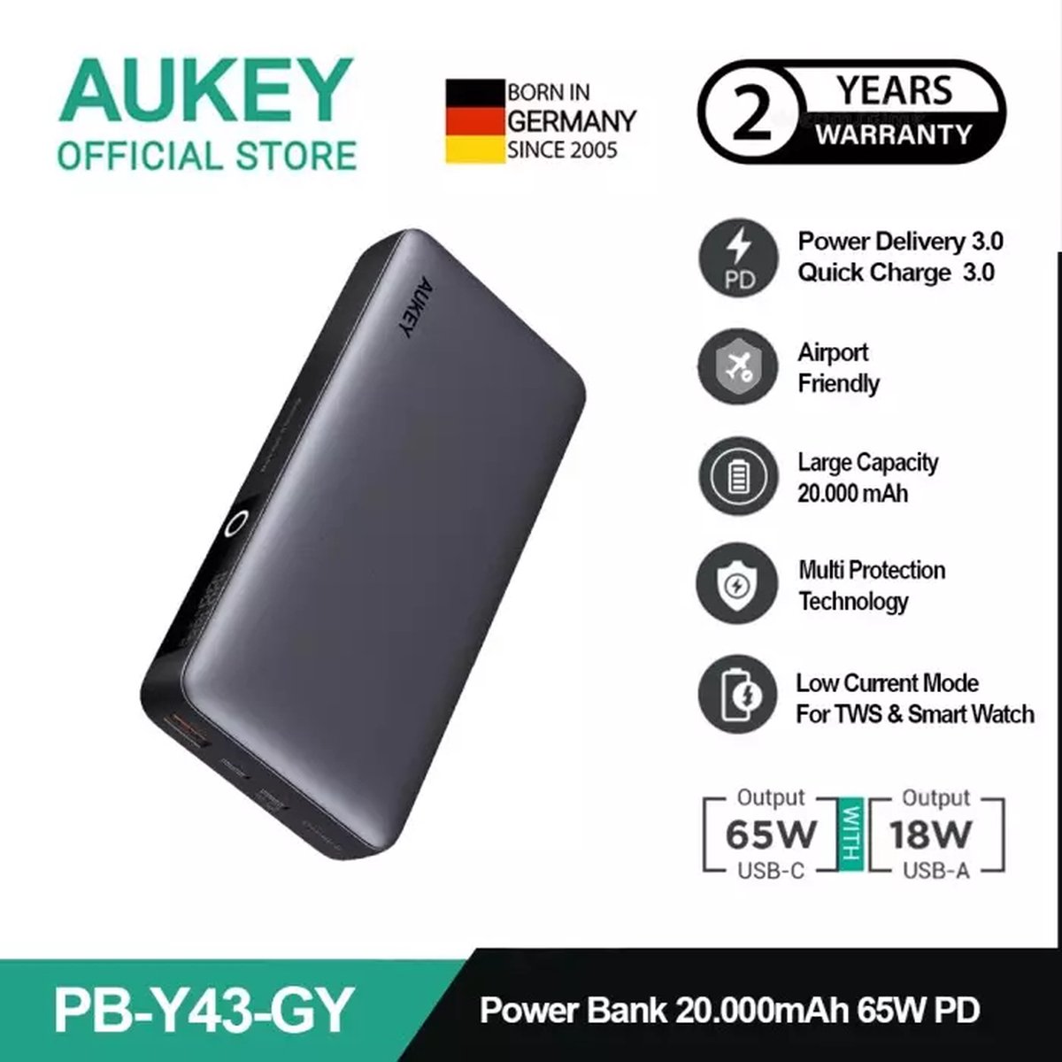 Aukey PB-Y43 Sprint X - Powerbank - FastCharge - PD3.0 - USB-C & USB-A - voor Smartphone/Tablet/Laptop - Grijs
