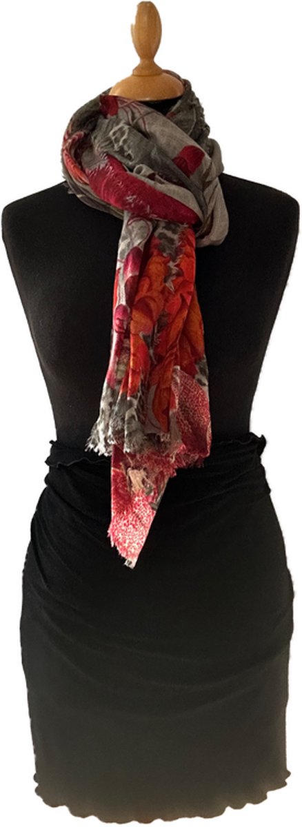 HIGHFIELD SHAWL DESSIN “FLOWER” 100% MERINO WOL, 70CM X 180CM. KLEUR RED/PINK/GREY