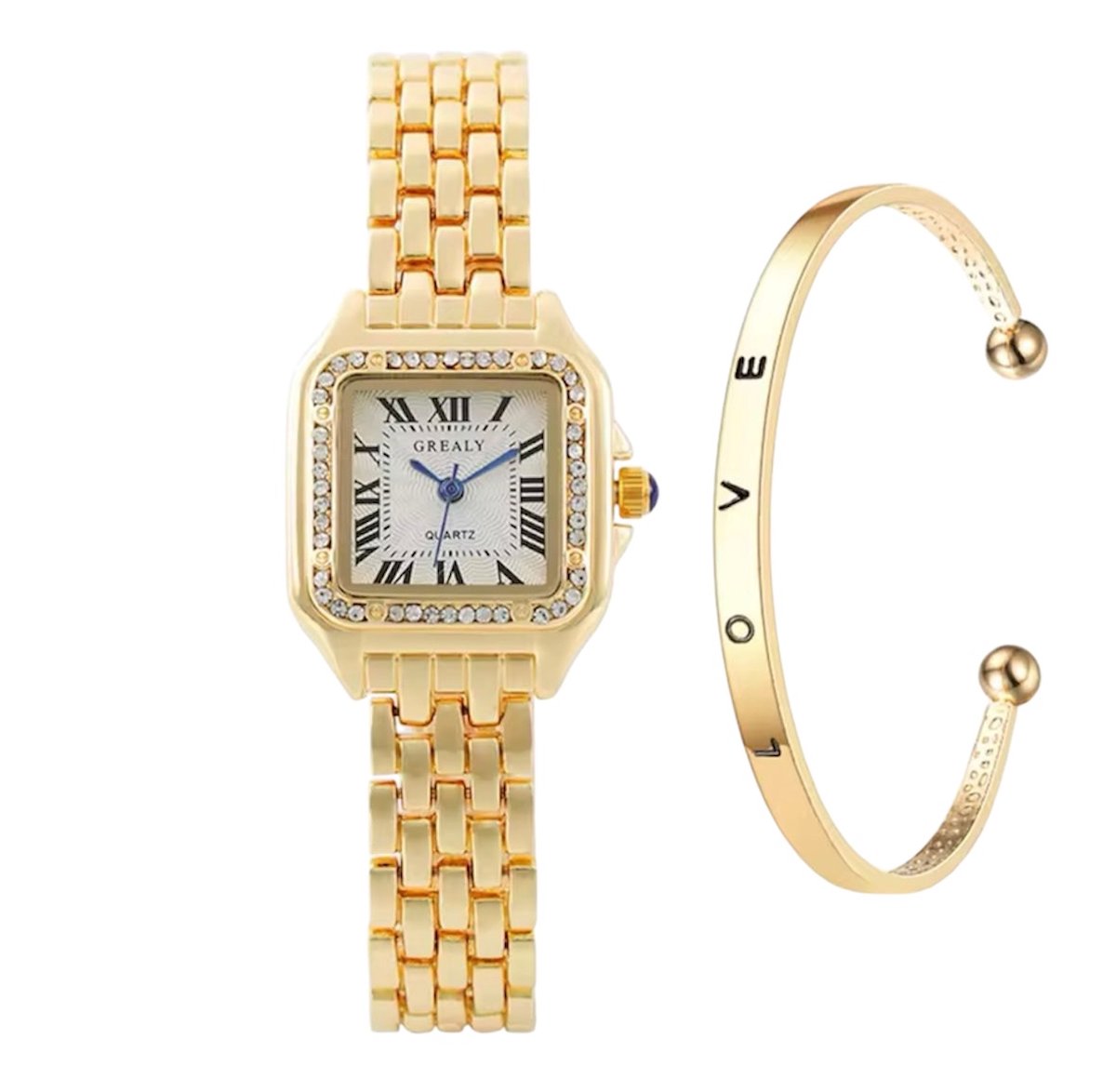 mpariz - Dameshorloge met Armband - Goud met Diamonds - Romeinse Cijfers - Horlogedoos