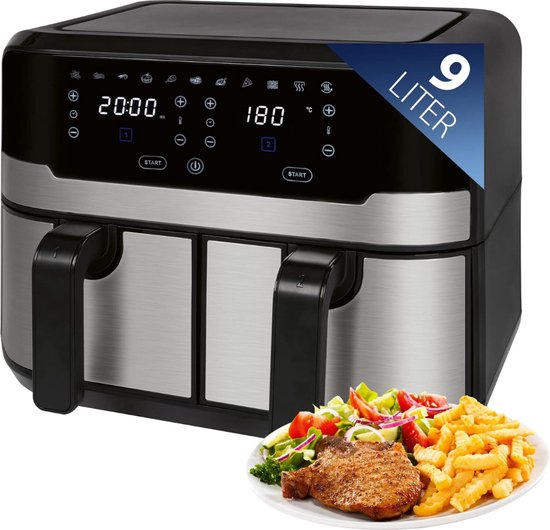 Dubbele Airfryer XXL 9L 2400W Zwart met Dubbele Manden