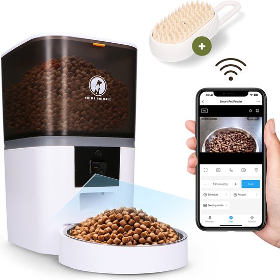 Prime AnimalZ Automatische voerbak kat & hond - Voerautomaat met Camera - enkele Voederbak met Full HD 1080P Camera - Two-way Audio - 6 Liter - Wit
