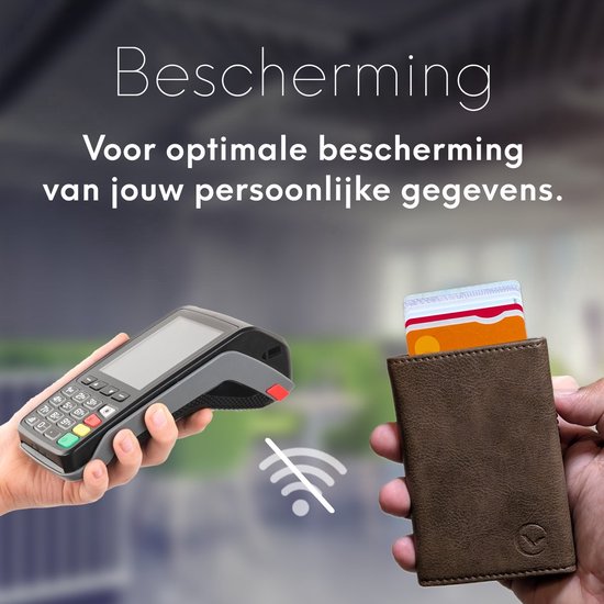 Man houdt bruine portemonnee met creditcard vast tijdens betaling. Tekst: 'Bescherming. Voor optimale bescherming van jouw persoonlijke gegevens.'