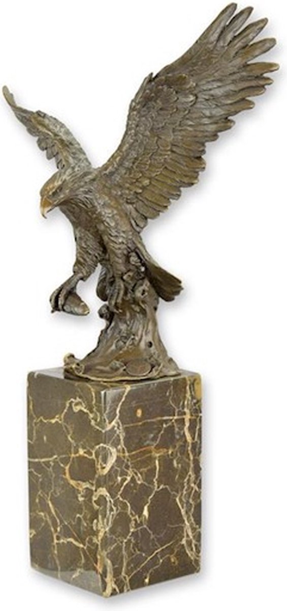 Bronzen arend beeld op marmeren sokkel – indrukwekkend bronzen adelaar beeld op jacht – luxe decoratief beeld van roofvogel voor interieur of kantoor