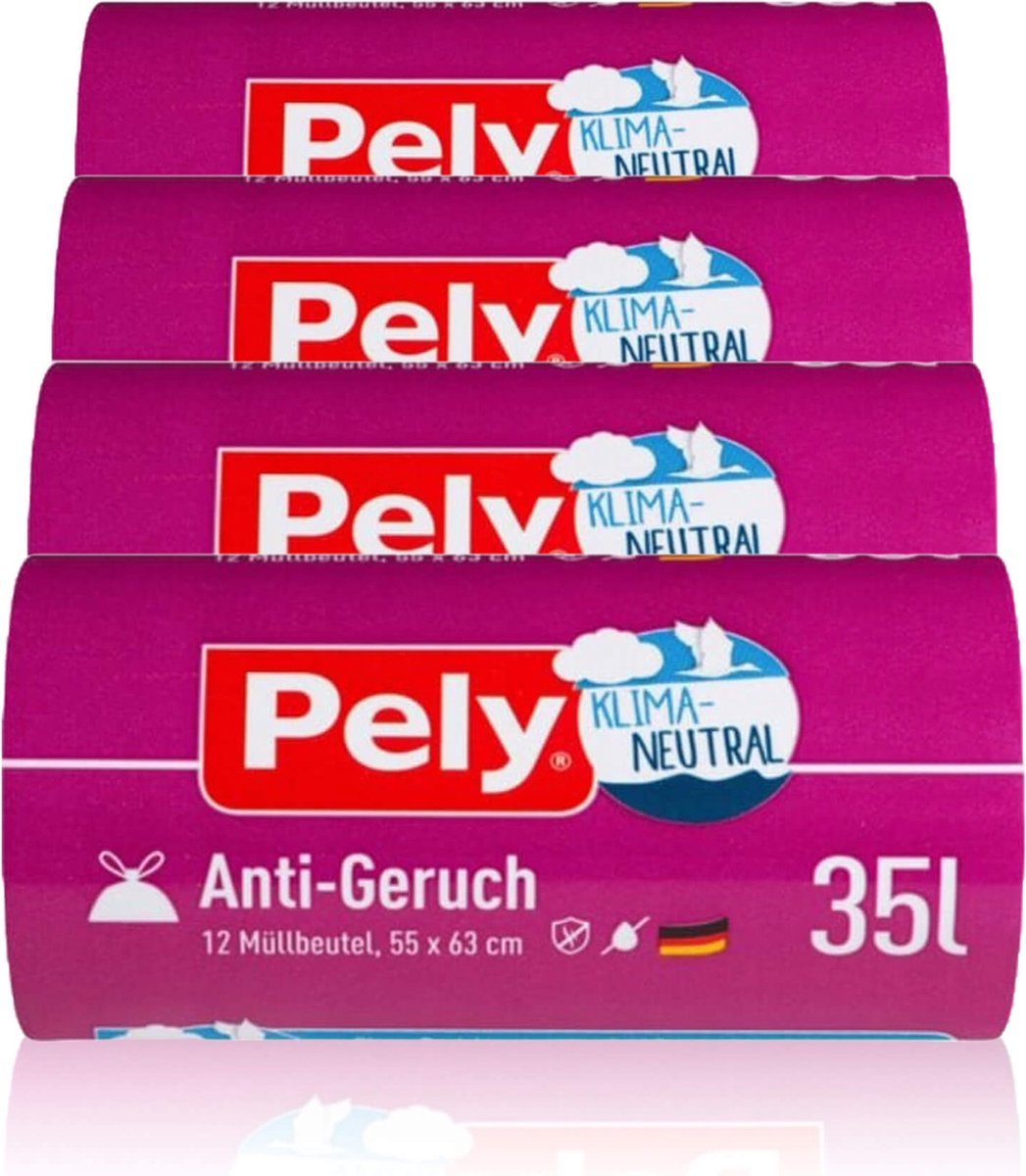 Goedkoopste Pely® | 4 x 12 anti geur afvalzakken | 35 liter | klimaatneutraal | trekband zakken | tegen geurtjes | 55x 63 cm