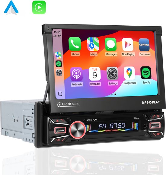 Boscer® 1Din Autoradio - Android 13 - Apple Carplay & Android Auto (Draadloos) - 2+64GB - 7 Inch IPS HD Gemotoriseerd klapscherm - Navigatiesysteem - Bluetooth, Aux, USB, MP5 - GPS - WIFI - Achteruitrijcamera & Microfoon