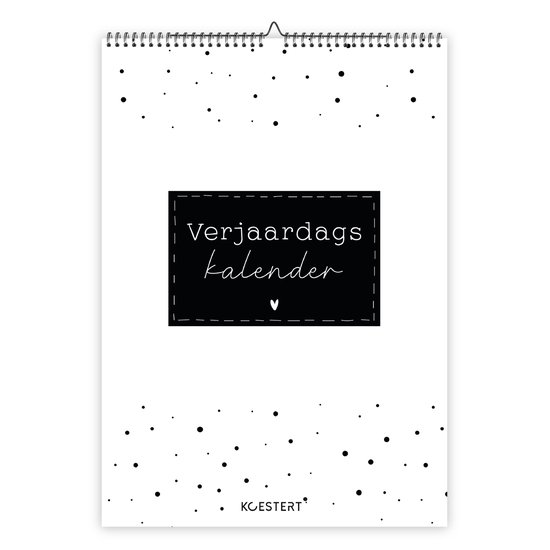 Verjaardagskalender van Koestert, zwart-wit design met stippen en de tekst 'Verjaardagskalender'.