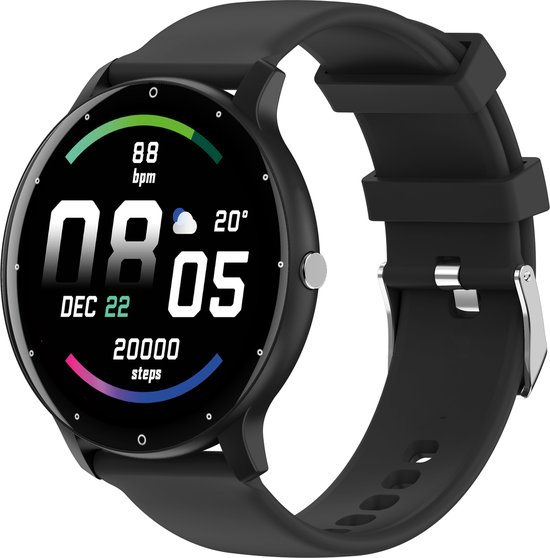 Zwarte smartwatch met zwart bandje, wijzerplaat toont tijd, datum, temperatuur en stappen.