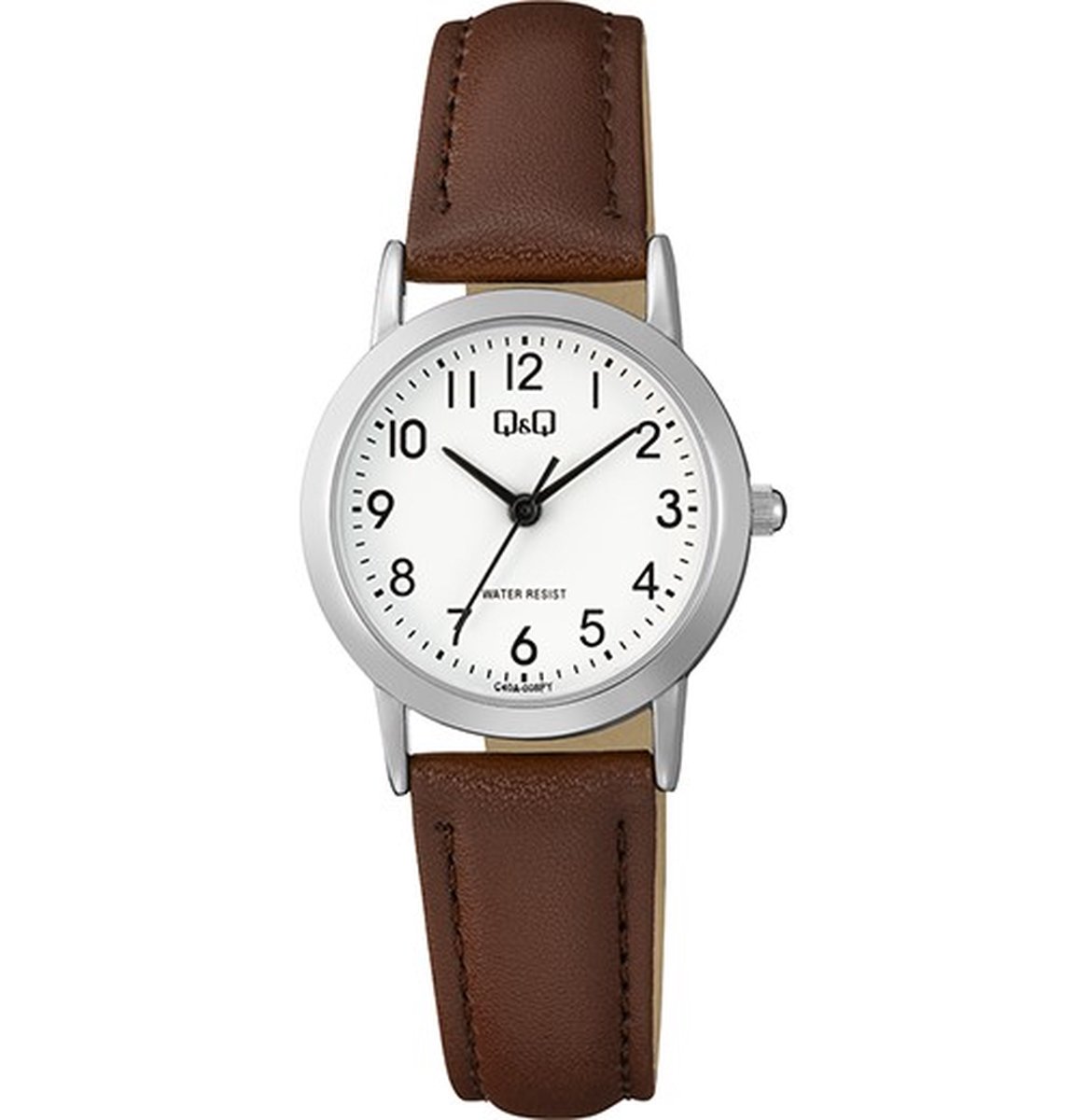 QQ C40A-008PY - Horloge - Polshorloge - Analoog - Dames - Vrouwen - Leren band - Rond - Metaal - Cijfers - DonkerBruin - Zilverkleurig - Wit