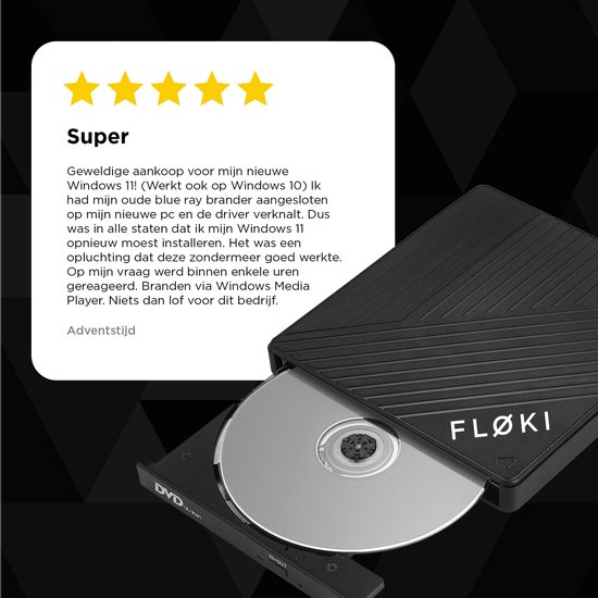 Zwarte Floki DVD-speler met een ingevoegde disc. Bevat een "Super" review.