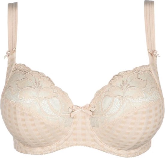 Een beige beugelbh met een ruitpatroon en kanten details op de cups en aan de bovenrand. Twee strikjes.