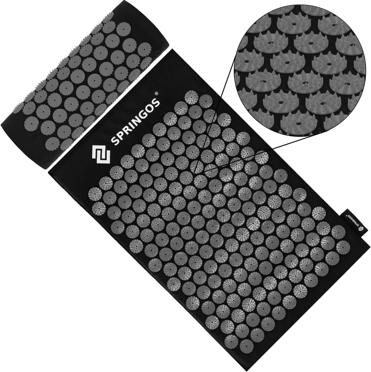 Goedkoopste Springos Acupressuurmat - Spijkermat - Lichaamsstimulator - Ontspanning - Massage - Kussen - Zwart/Grijs