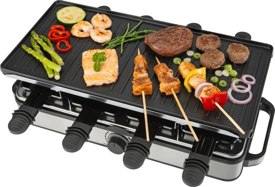 Bourgini Gourmette Raclette Pure - Gourmetstel met omkeerbare Grill & Bakplaat - Raclette 8 personen - 21x42 cm - PFAS-vrije coating - Regelbare thermostaat - incl. 8 spatels en pannetjes