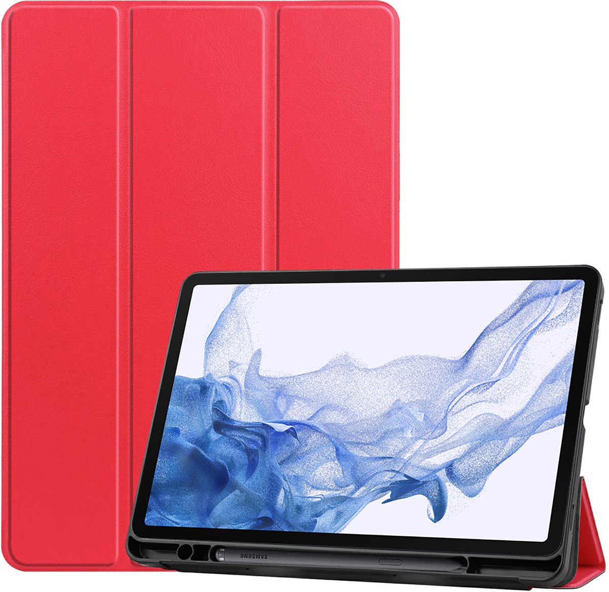 Hoes geschikt voor Samsung Galaxy Tab S8 - TriFold Tablet Smart Cover met Penhouder - Rood