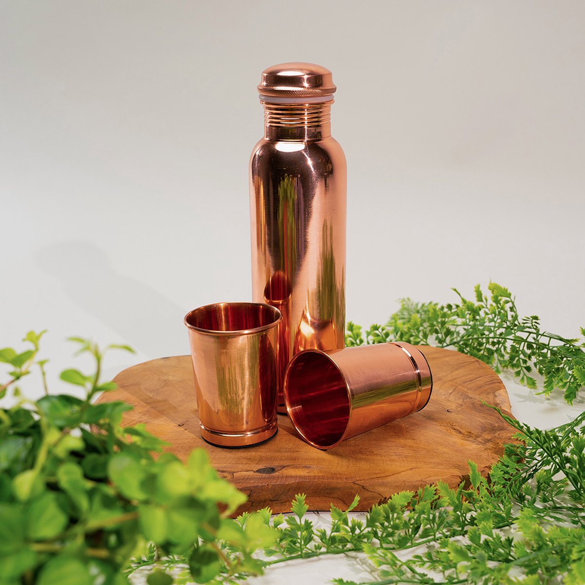 Puur Koperen Set: Fles (1 l) + 2 Bekers (300 ml) Glad