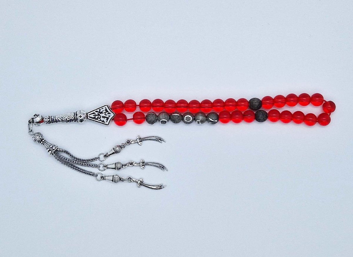 Handgemaakte naam tasbih 33 Kralen Natuursteen “Rode kwarts” - met metaal tassel “Zwaarden"- Met je naam of de naam van uw geliefde- 8 mm diameter van de korrel