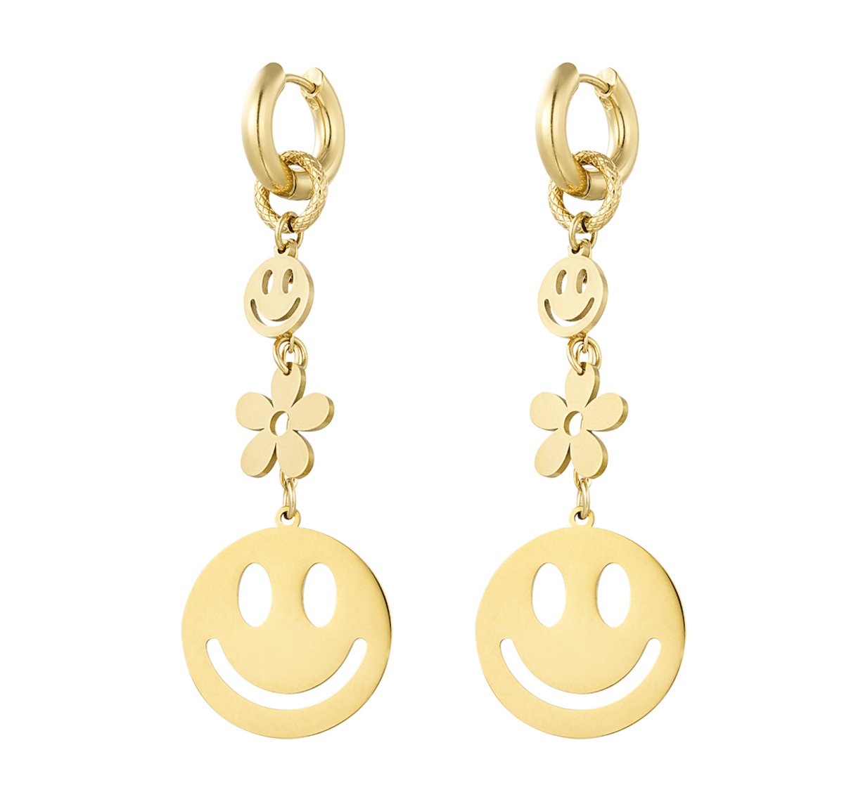 Smiley oorbellen - 6 x 2 Centimeter - 100% Waterproof - Stainless steel, gold plated - Damesdingetjes