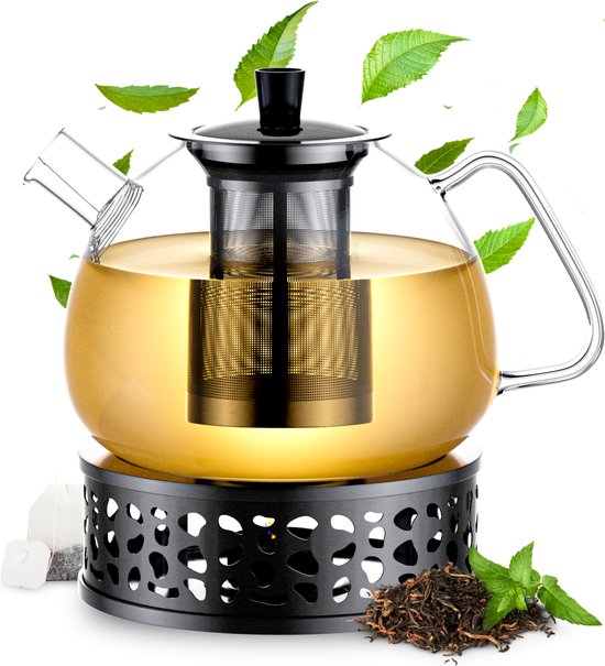 Élithé Theepot Glas Set 1,5 Liter met Filter en Warmhouder - Glazen Teapot voor Losse Thee en Theebloemen - Tea Maker - Theelicht houder voor Theekan met Zeef - Infuser - Warmer - Zwart