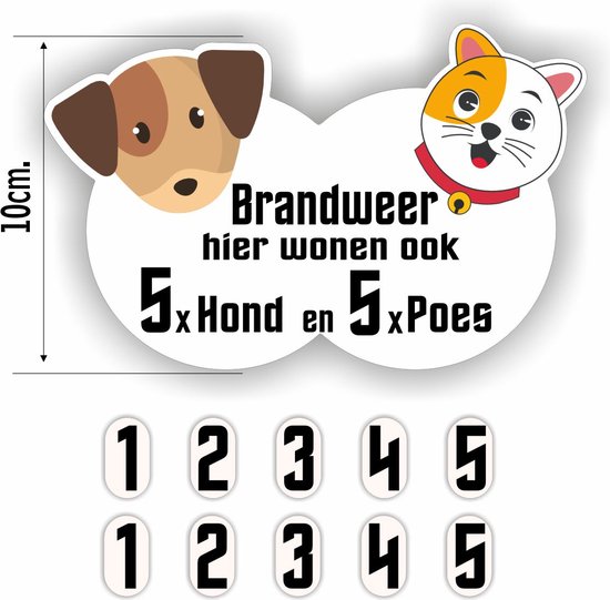 Autocollant d'alerte avec chien, chat dessinés, texte 'Brandweer hier wonen ook 5x Hond en 5x Poes' et chiffres détachables.