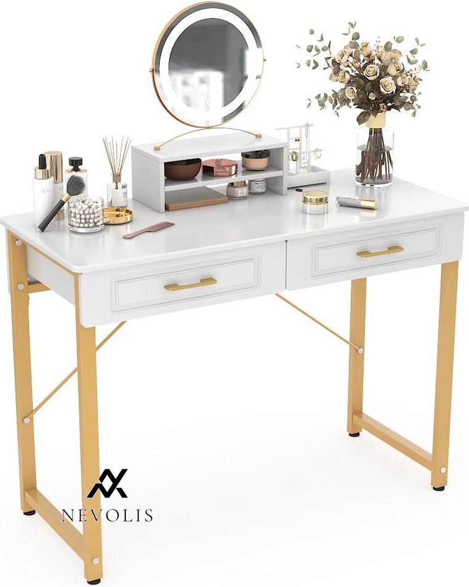Nevolis Make-uptafel laden kaptafel zonder spiegel wit goud slaapkamer legvlakken ijdelheid bureau .