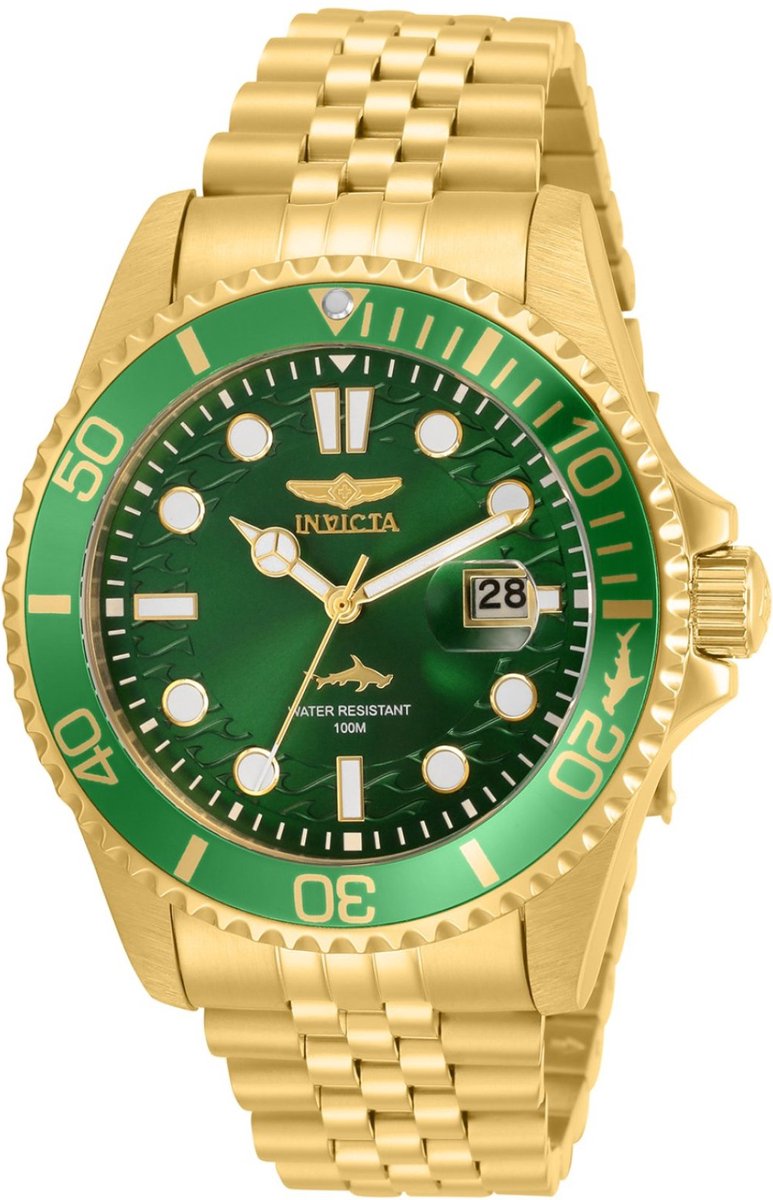 Invicta Pro Diver 30615 Heren Horloge - Waterdicht - Analoog - Quartz Uurwerk - Roestvrij Staal met groene Wijzerplaat - 43mm