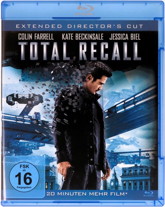 Blu-ray hoes van Total Recall. Colin Farrell wordt uit elkaar getrokken in de lucht met een stad op de achtergrond.