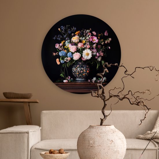 WallCircle® Cercle mural 60x60 cm - Cercle mural Vase à fleurs - Bois - Fleurs - Bouquet - Décoration murale murale salon - Décoration murale chambre - Accessoires de décoration de chambre - Tableaux ronds