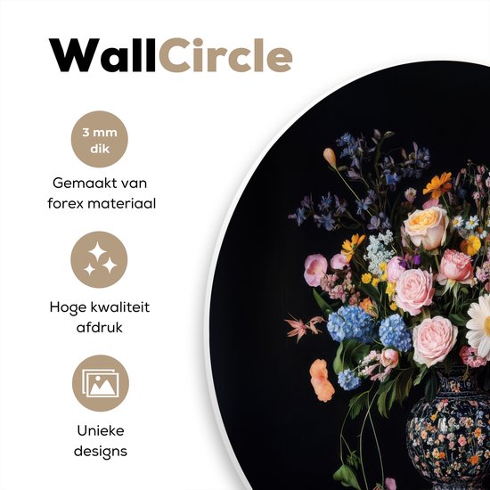 WallCircle® Cercle mural 60x60 cm - Cercle mural Vase à fleurs - Bois - Fleurs - Bouquet - Décoration murale murale salon - Décoration murale chambre - Accessoires de décoration de chambre - Tableaux ronds