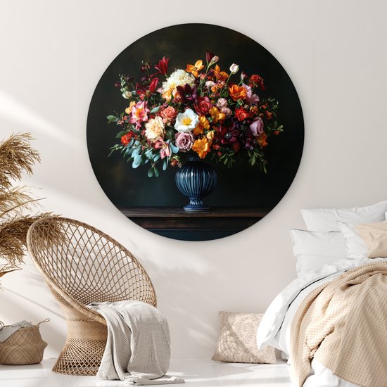 WallCircle® Wandcirkel 140x140 cm - Muurcirkel Groot - Bloemen - Vaas - Boeket - Muurdecoratie woonkamer - Wanddecoratie slaapkamer - Kamer decoratie accessoires - Ronde schilderijen