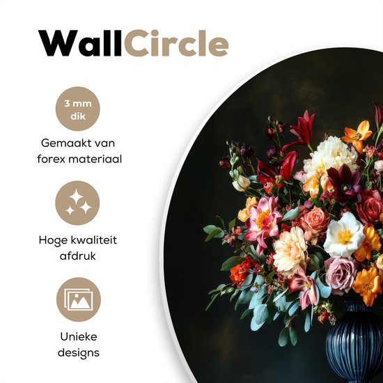 WallCircle® Wandcirkel 140x140 cm - Muurcirkel Groot - Bloemen - Vaas - Boeket - Muurdecoratie woonkamer - Wanddecoratie slaapkamer - Kamer decoratie accessoires - Ronde schilderijen