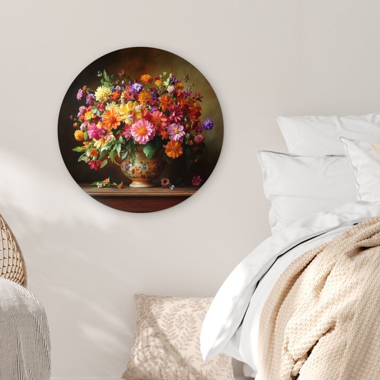WallCircle® Wandcirkel 60x60 cm - Muurcirkel Kleuren - Boeket - Vaas - Hout - Muurdecoratie woonkamer - Wanddecoratie slaapkamer - Kamer decoratie accessoires - Ronde schilderijen