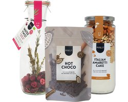 Pineut ® Genietmoment Cadeaupakket - DIY Cadeau - Tafelwater - Hot Choco - Italian amaretti cakemix - Geschenkset - Cadeau voor de borrel - Vrouwencadeau
