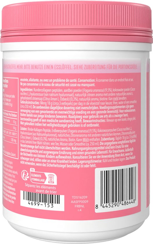 Vital Proteins - Beauty collageen - 15 gram Peptiden Rundercollageen - Gehydrolyseerd - Biotine en Hyaluronzuur - Aardbei Citroensmaak - 271 gram -