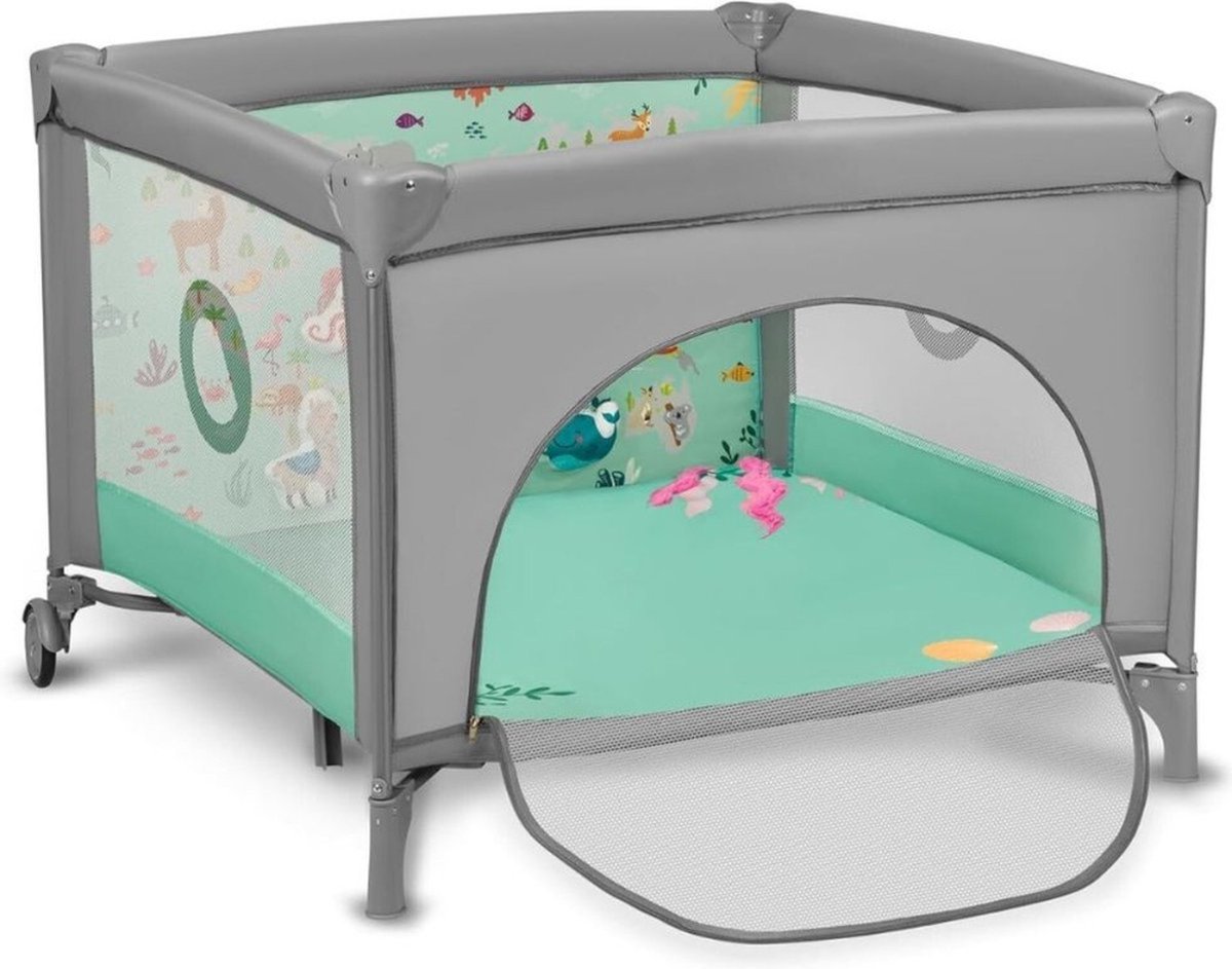 Reisbedje Baby Met Matras – Campingbedje Op Wieltjes – Reisbed Met Zijdelingse Ingang En Ritssluiting- Camping Bedje 100 cm x 100 cm – Voor Baby’s en Peuters tot 15 KG - Grijs