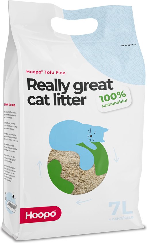 Hoopo® Tofu Fine - Voor automatische kattenbakken - Bio Kattenbakvulling - Geschikt voor robot toilet - Kitten vriendelijk - Volledig Stofvrij - 7 Liter - Klontvormend - Zonder Geur - Effectief tegen nare geurtjes
