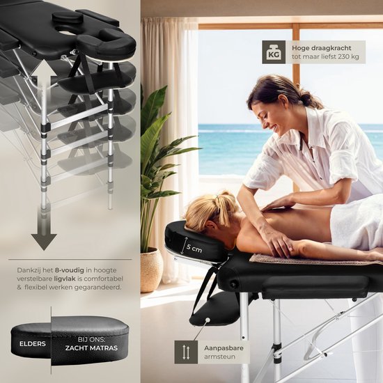 tectake® Mobiele Aluminium Massagetafel - 3 Zones - Opvouwbare Behandel- en Tatoeagetafel - In Hoogte Verstelbaar – Inclusief Opbergtas - Zwart - Max Draagvermogen 230kg - Behandelbank, Behandeltafel, Bed