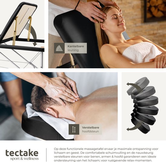 tectake® Mobiele Aluminium Massagetafel - 3 Zones - Opvouwbare Behandel- en Tatoeagetafel - In Hoogte Verstelbaar – Inclusief Opbergtas - Zwart - Max Draagvermogen 230kg - Behandelbank, Behandeltafel, Bed
