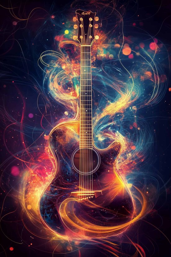 Gitaar Poster - Akoestisch - Artistieke - Neon - Muziek - Instrument - Coole - posters - formaat 50x70cm - Wanddecoratie - S4409KMD