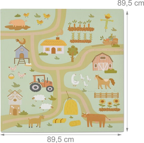 Boerderij speelmat van 89,5x89,5 cm, met tractor, boerderijdieren en boerderijgebouwen.