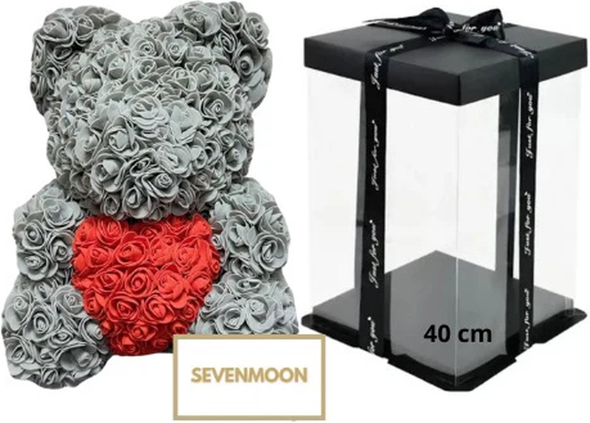 SEVENMOON - Rozen Teddy Beer XXL Valentijn | Valentijnscadeau | Liefde | Baby | Vriendin | Meisje | Rozen beer | Ideale Cadeau | Inclusief Giftbox - GRIJS 40CM