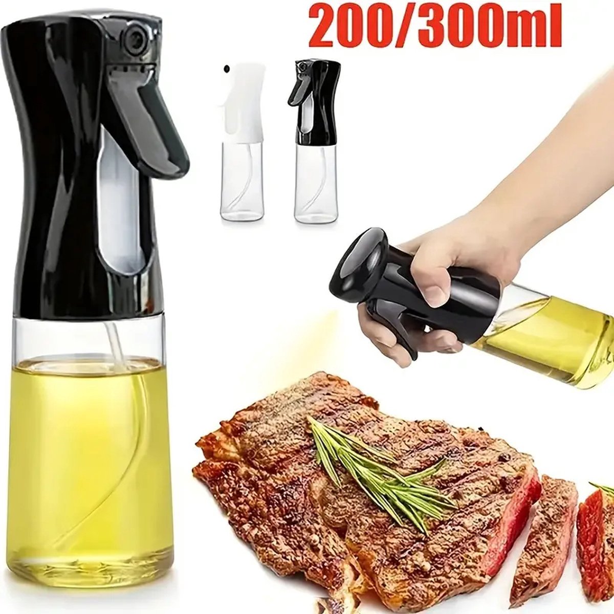 Narimano® Oliesproeier, glas, spuitfles, 300 ml, olieverstuiver, oliesprayfles, olijfolie, spray, salade, oliedispenser voor keuken, koken, BBQ, bakken, grillen, pasta, salade