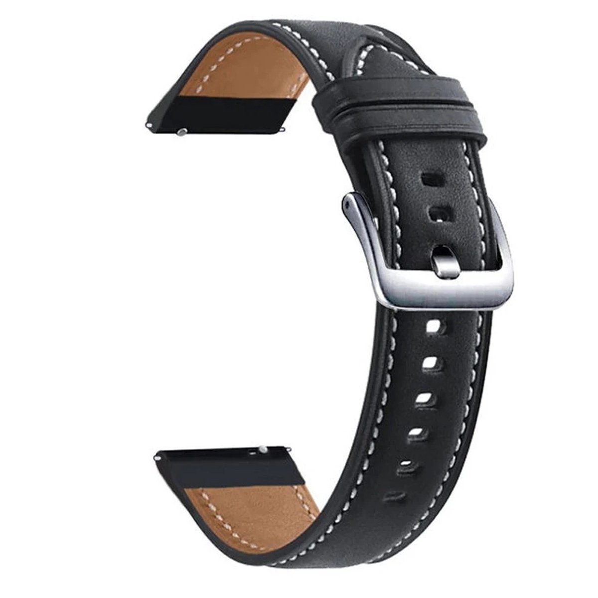 Zwarte PU Lederen Horlogeband 22mm - PU Leer, Zilver kleur gesp Quick Release, Geschikt voor Smartwatch en analoge horloges bijvoorbeeld Garmin, Seiko, Fossil Meer