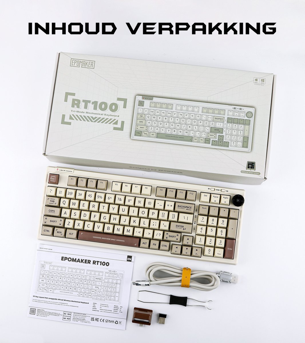 EPOMAKER RT100 - Retro White - Mechanisch Draadloos Toetsenbord - 95% - QWERTY - Retro Mechanical Keyboard met Draaiknop en Mini Scherm - Flamingo Switch thumbnail 2